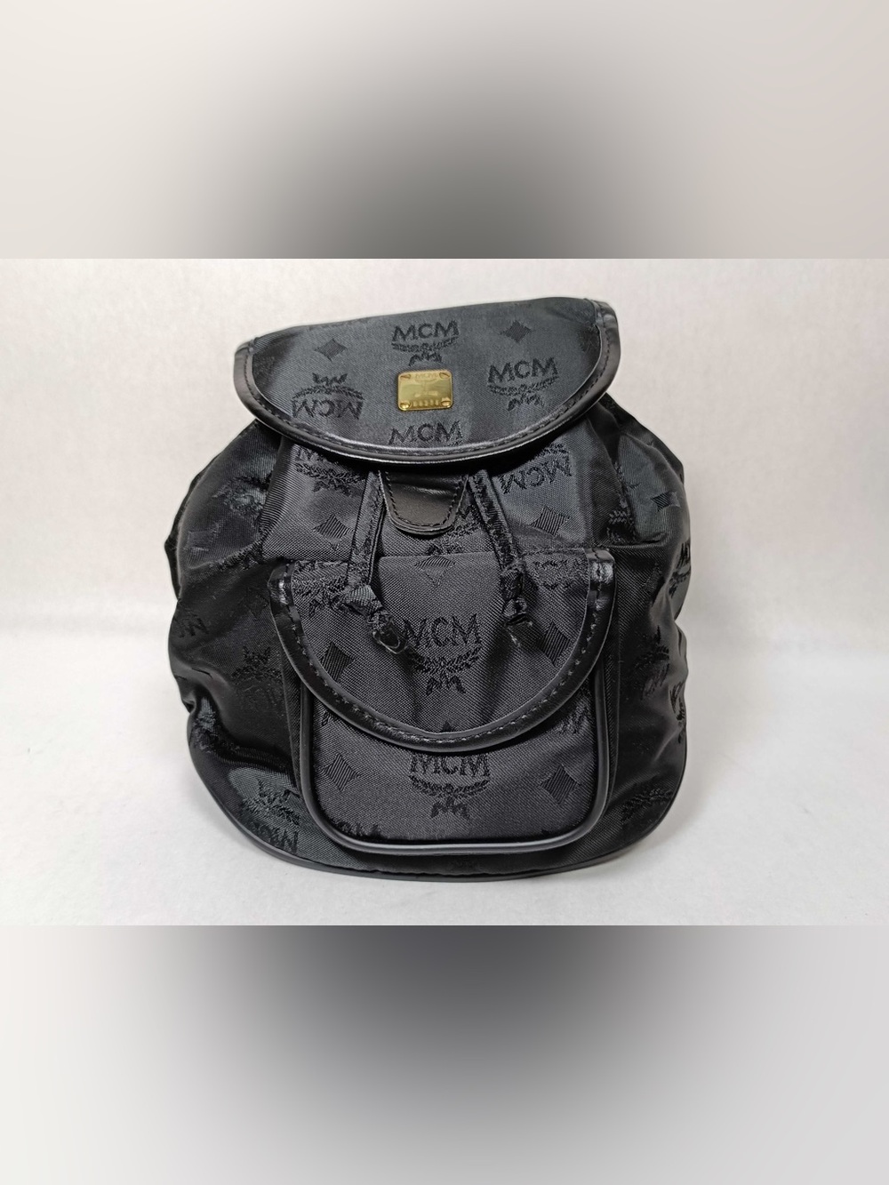 MCM Black Monogram Nylon Drawstring Backpack with Front Pocket